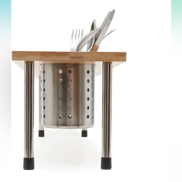New-Bamboo Kitchen Sink Helper Shelf with Removable stainless utensil cubby - Picture 2 of 11